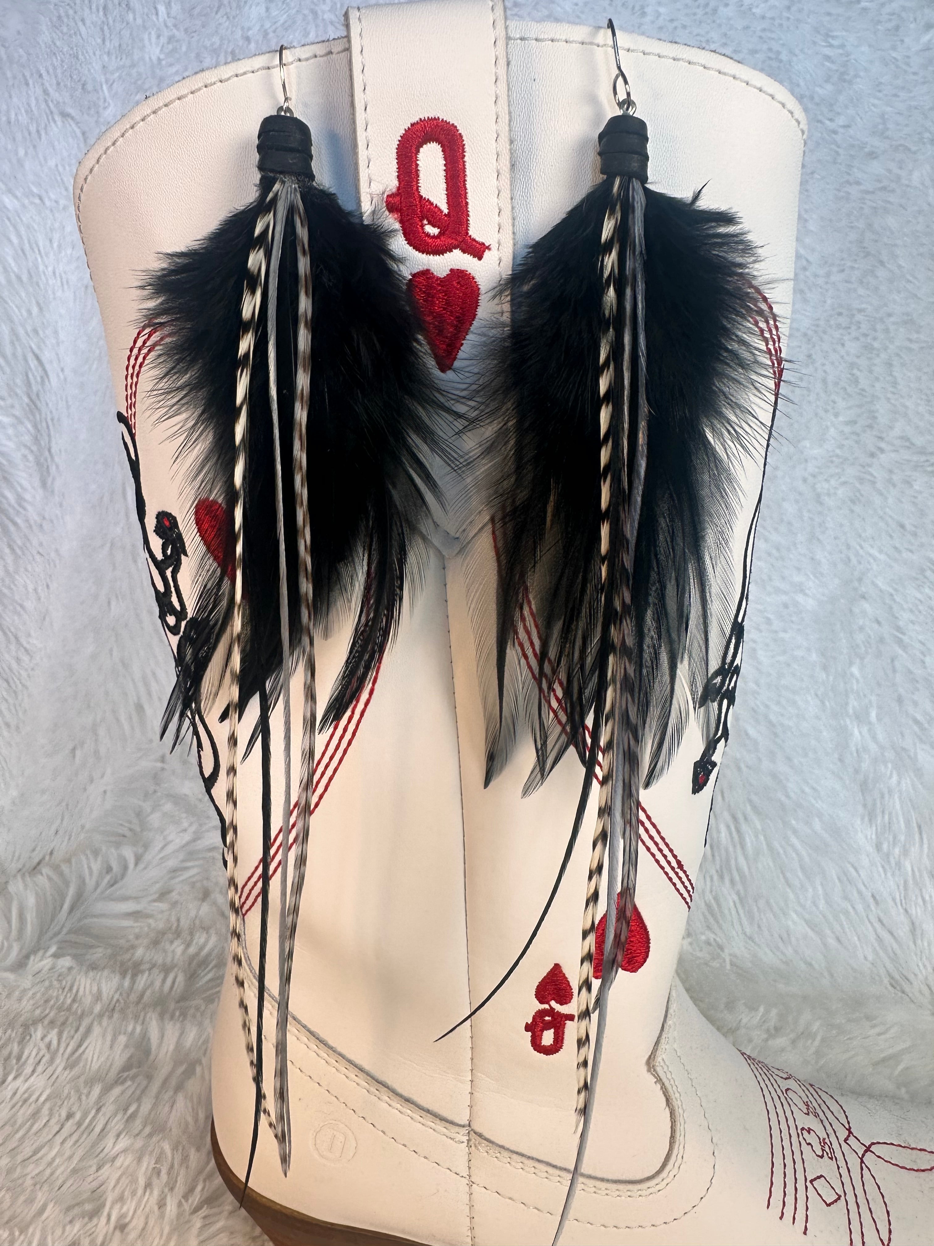 The Sofia – Black and Silver Feather Earrings 8 Inch