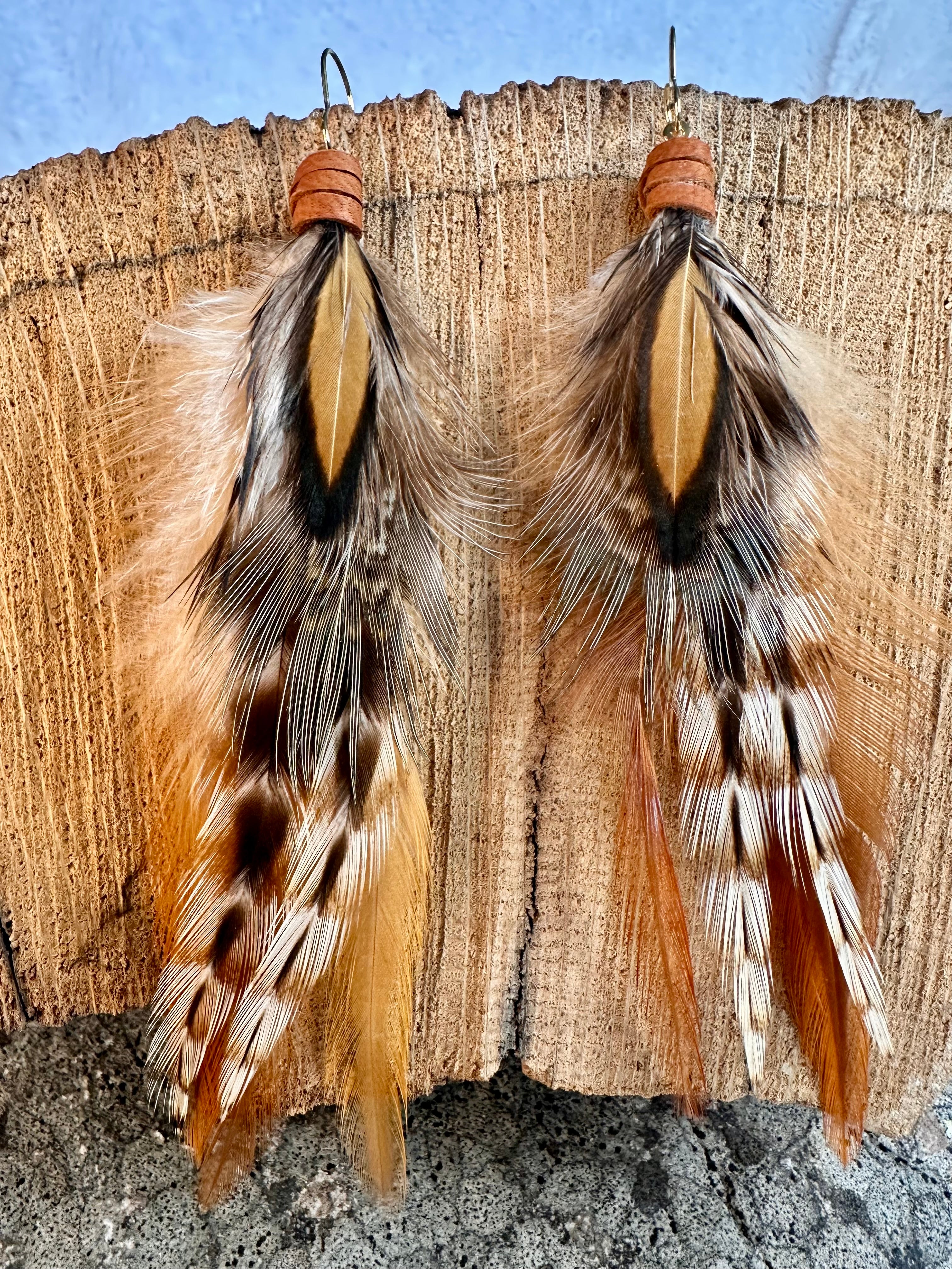 The Indian Grizzly Brown White Black Feather Earrings 4 Inch