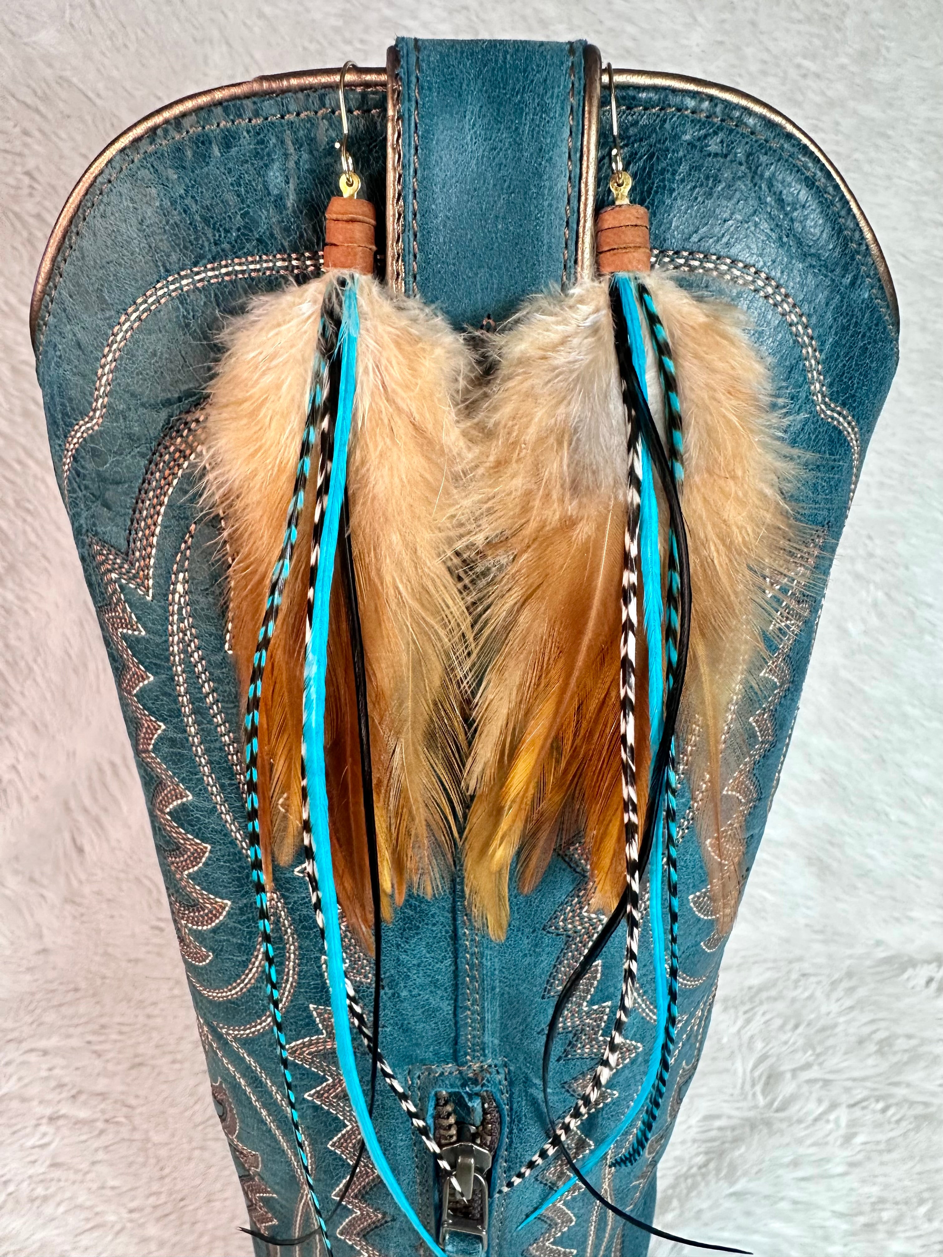 The Dorothy Midi – Turquoise Brown Black Feather Earrings 8 Inch